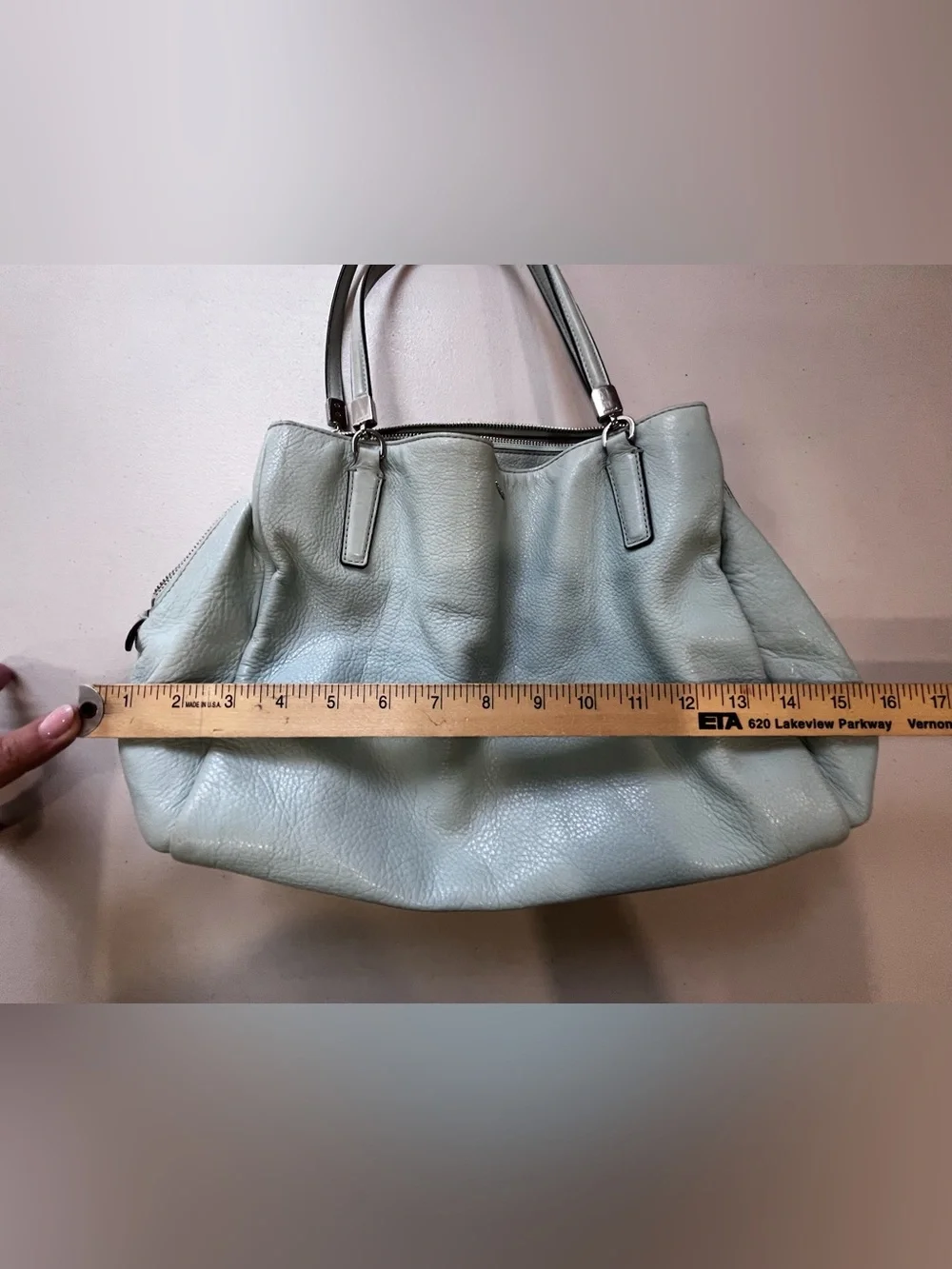 Coach Pebbled Leather Light Blue Triple Compartment Tote Shoulder Bag